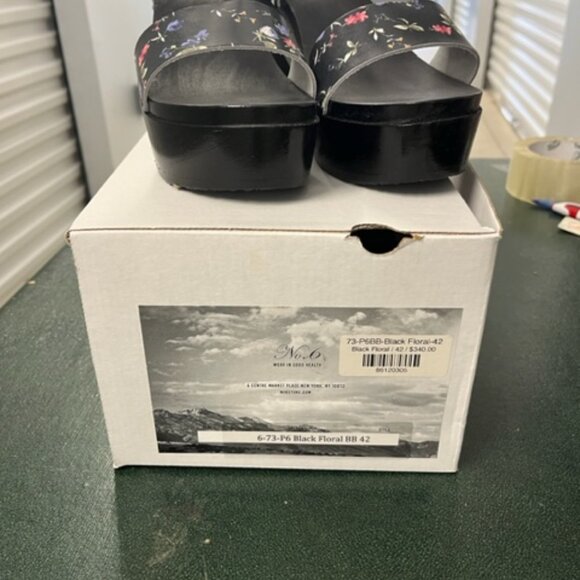 New No. 6 , Wood Platform Sandals, Black Floral, Size 41.5 - Picture 2 of 3